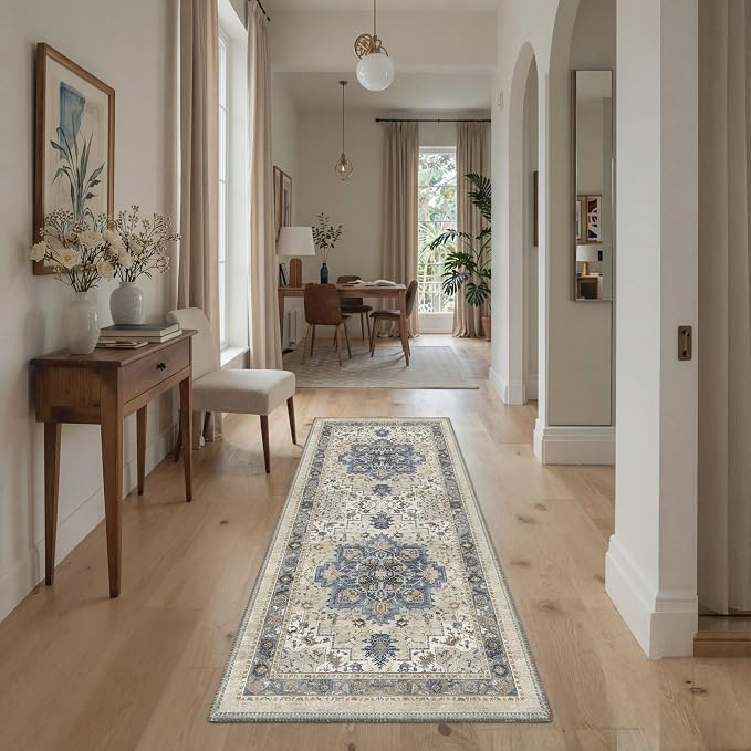 GENIMO 8x10 Area Rugs for Living Room, Machine Washable Rug, Non Slip Indoor Vintage Carpet, Low Pile Lightweight Print Carpet for Bedroom Dining Room Home Office, Blue Cream