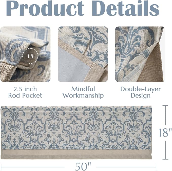 jinchan Linen Valance Curtain for Kitchen Vintage Damask Floral Light Filtering Double Layer Small Window Valance for Living Room Bedroom Bathroom 18 Inch Rod Pocket 1 Panel Light Blue on Beige