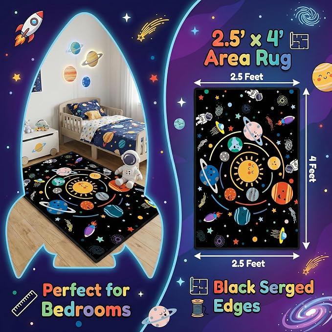 Space Rugs for Kids Bedroom,Outer Space Rug for Boys Room,Solar System Planet Theme Carpet for Playroom and Classroom Decor,2'5''×4'