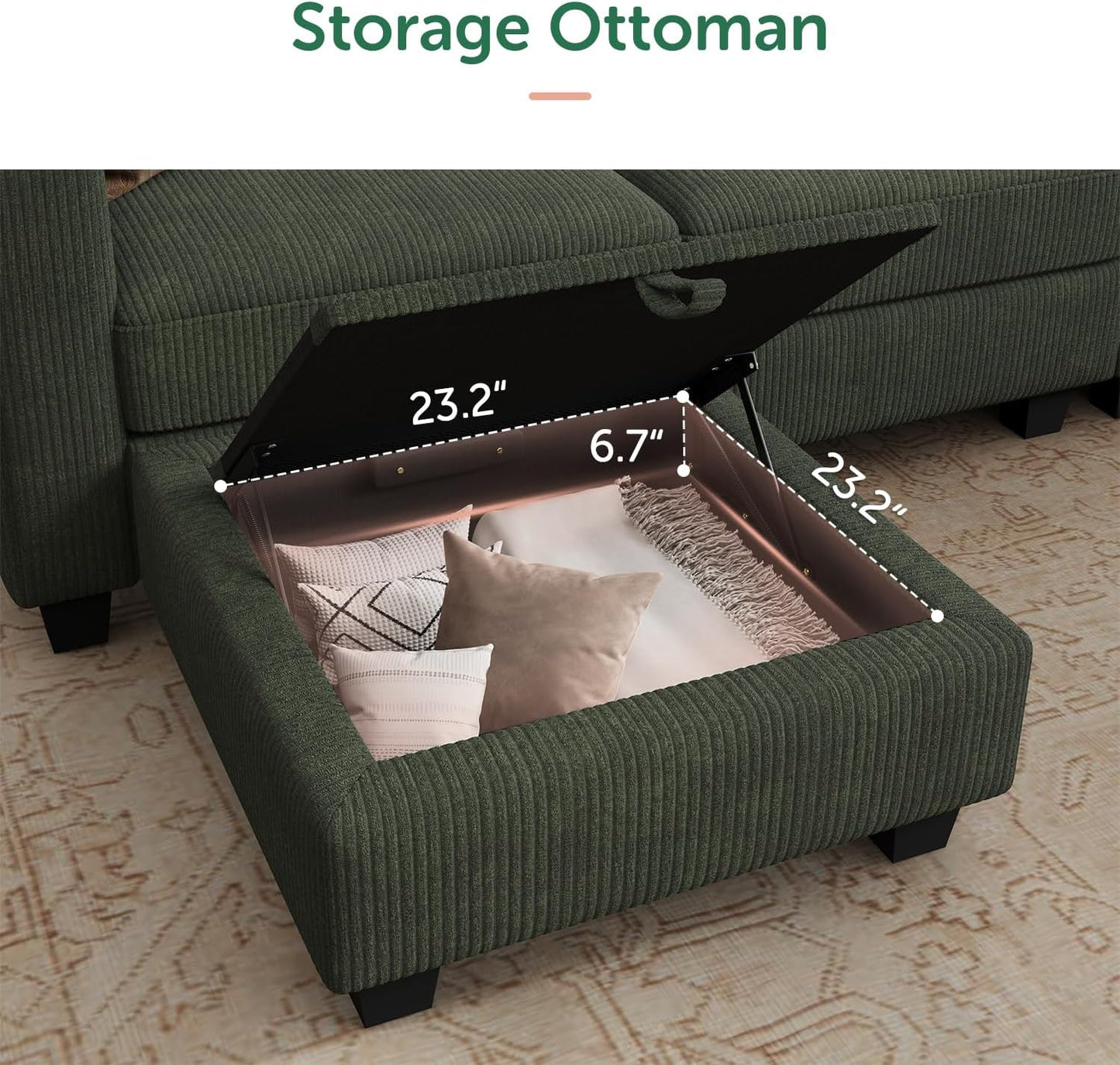 HONBAY Corduroy Modular Sectional Sofa with 5 Seaters, Sectional Corner Sofa with Chaise, L Shape Couches for Living Room, Green