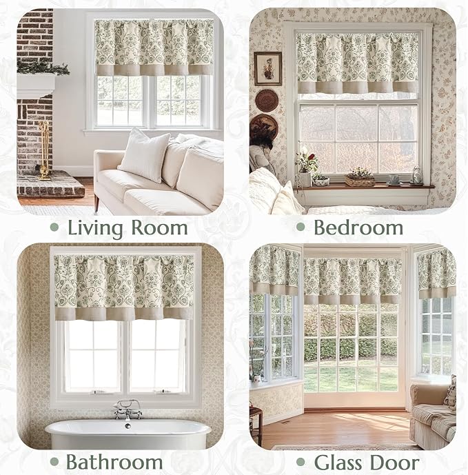 jinchan Linen Valance Kitchen Curtain for Windows Double Layer 18 Inch for Living Room Bedroom Window Treatment Light Filtering Vintage Rustic Farmhouse Cottagecore Rod Pocket 1 Panel Green on Beige