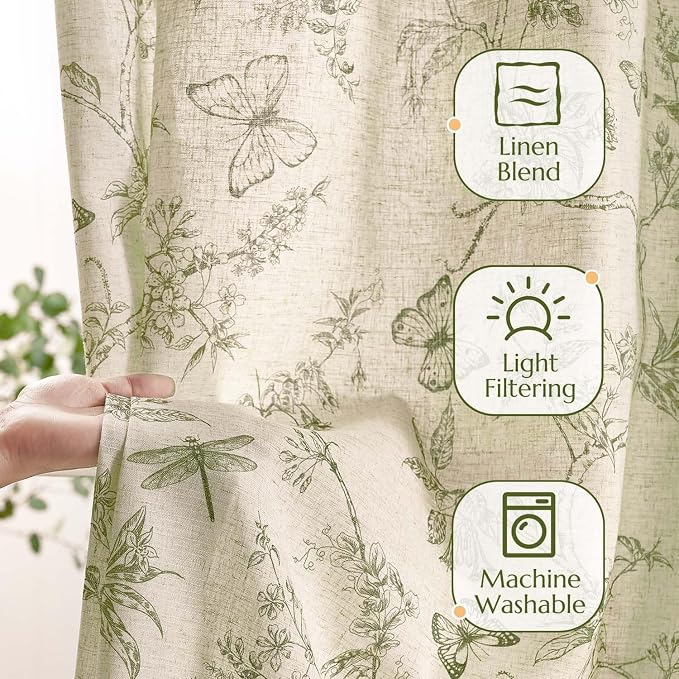 jinchan Floral Curtains Lined Linen Blend Curtain for Living Room 96 Inch Length Sage Green Farmhouse Flower Patterned Curtain French Country Curtains Drapes Back Tab Rod Pocket 2 Panels