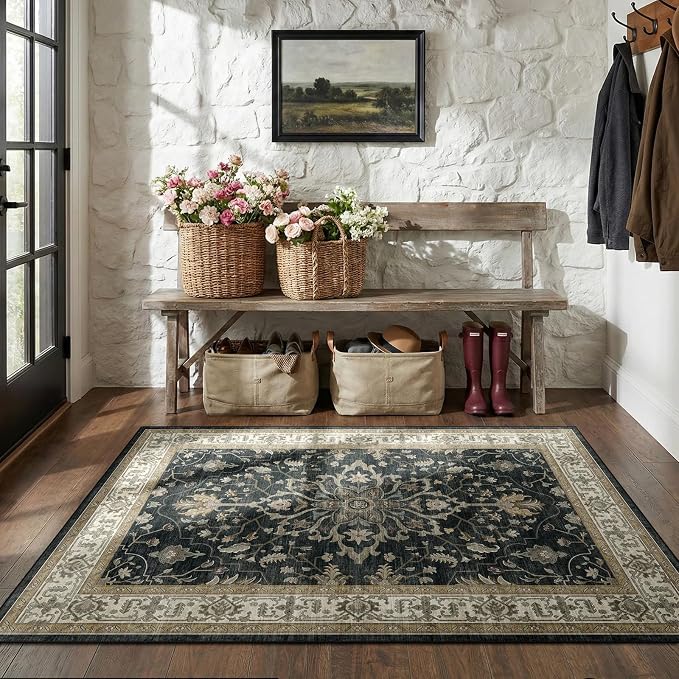 RELEANY Area Rugs 3'x5' Washable Non-Slip, Floral Vintage Distress Medallion Carpet for Living Room Bedroom Dining Room, Vintage Black Brown Neutral