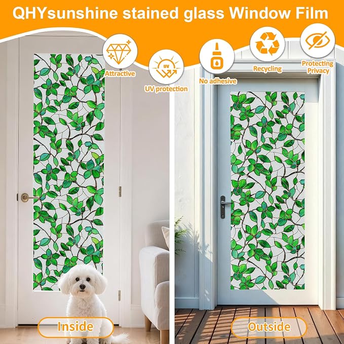 Window Privacy Film Stained Glass Window Film Frosted Window Film Window clings Non-Adhesive Reusable Decorative for Home Removable(Green Frosted, 35.4 X 78.7 in)