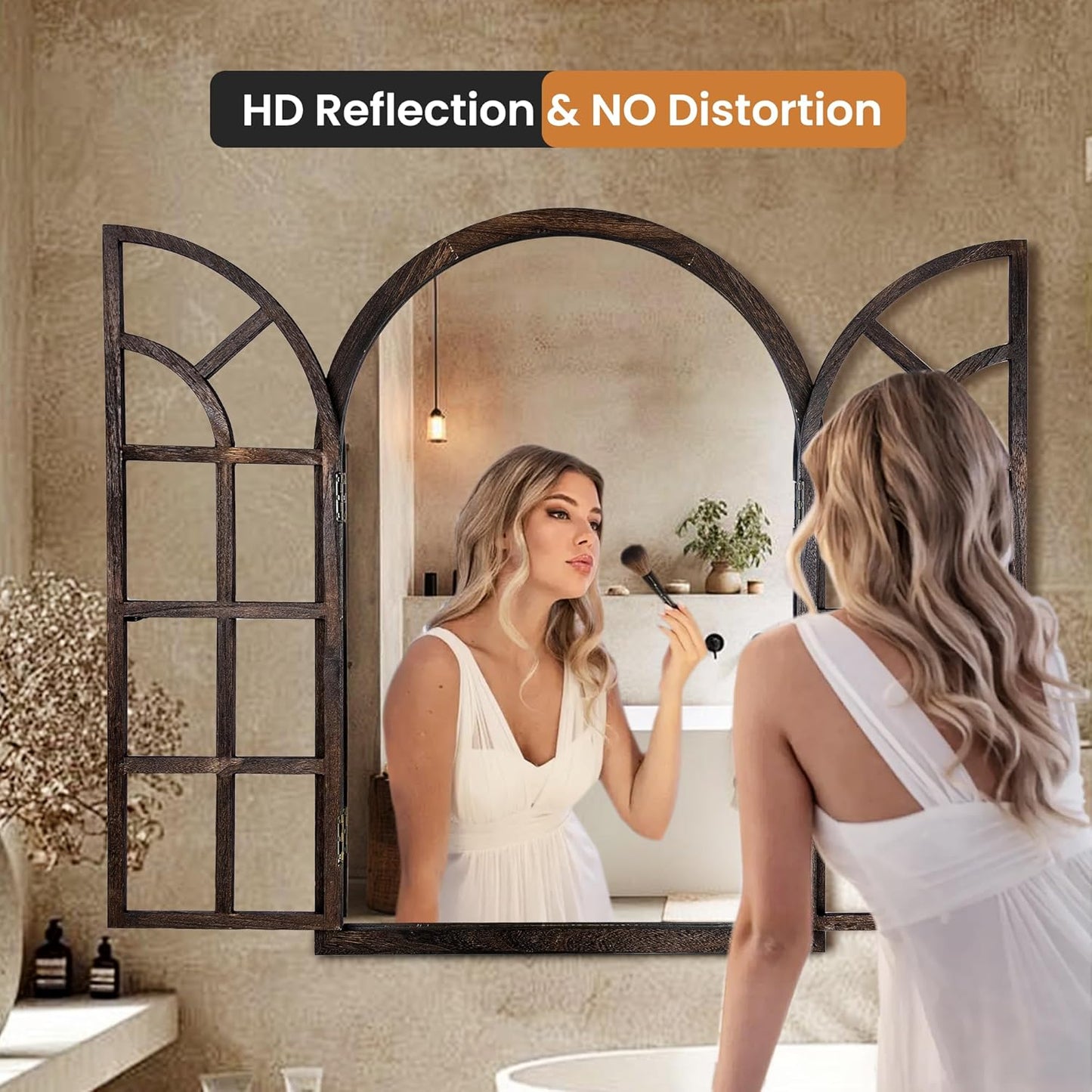 Arched Wall Mirror with Window Design, 38"x26" Rustic Farmhouse Wood Mirror for Wall Decor, Decorative Vintage Arch Mirror for Living Room, Bedroom, Entryway