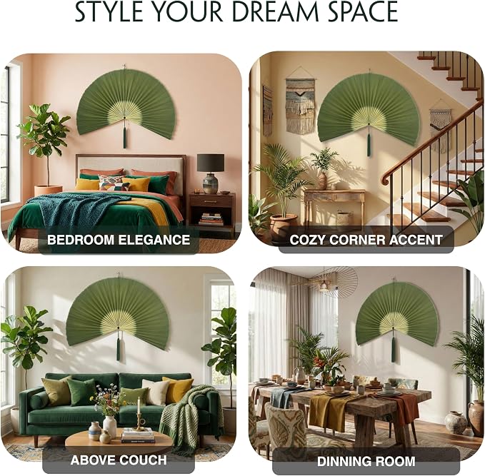 SUCHUBU Bi-Color Green White Wall Fan, 47" Handwoven Bamboo Decor, Large Japanese Hanging Fan, Botanical Asian Wall Art, Modern Boho Living Room Accent (Greenwhite, Large)