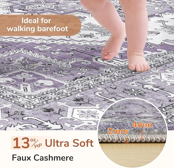OPPODREAM Soft 10x14 Area Rugs, Washable Rugs 10x14 with Non Slip Backing, Low-Pile Faux Cashmere 10 x 14 Carpet, Purple
