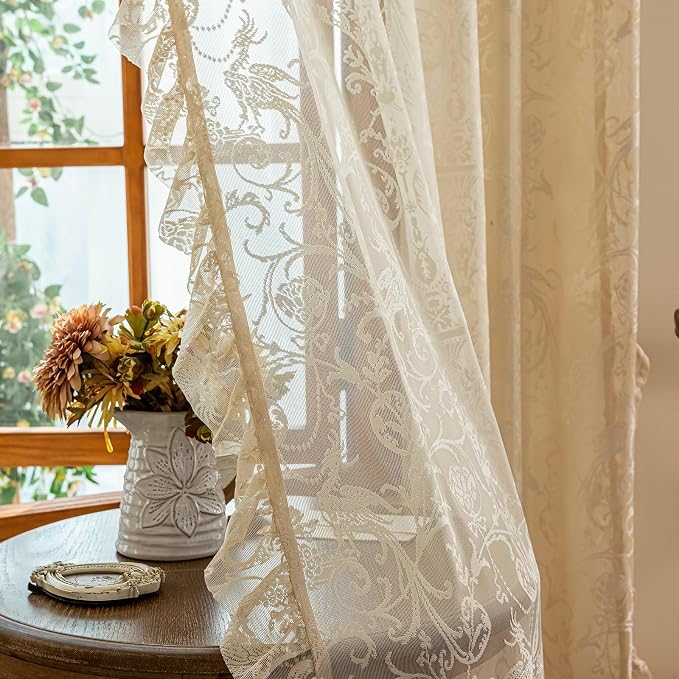 TUDECO Beige Lace Curtains 84 Inches Long - Vintage Ruffle Sheer Curtains for Living Room, Farmhouse Flowy Flower Rod Pocket Fluffy Aesthetic Art Decor 1 Pair, 59 x 84 Inch, Natural Beige
