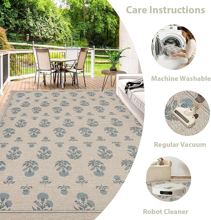 ORTIGIA Scalloped Easy Jute 8x10 Area Rug Vintage Blue Floral Farmhouse Washable Rug Non-Slip Indoor Outdoor Carpet for Living Room Bedroom Patio Entryway