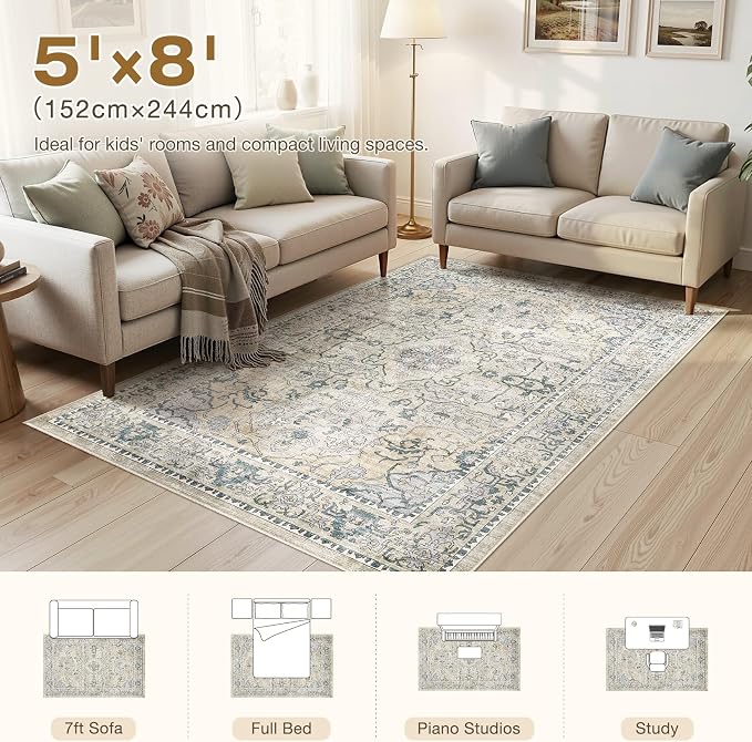 cotiled 5x8 Area Rug Machine Washable Vintage Carpet for Living Room Bedroom Soft Non-Slip Backing Floor Mat Kid & Pet Friendly Stain Resistant Green