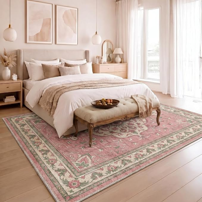 GENIMO 2x3 Rug Machine Washable Low Pile Indoor Entryway Mat for Kitchen Entrance Front Door Bathroom with Non Slip Backing Floral Medallion Dusty Pink