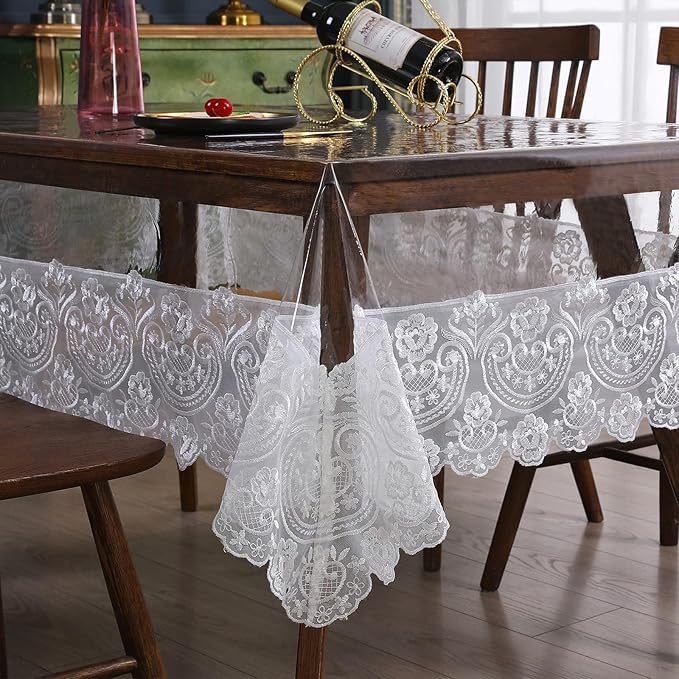 Waterproof PVC Tablecloth - Heavy Duty Clear Vinyl Table Cover Protector for Dining Tables - Thick Reusable Plastic Rectangle Ivory Table Cover - 60x106 Inches
