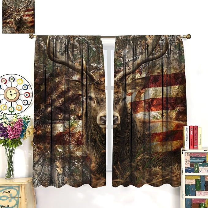 Vintage Bear Blackout Curtains for Kitchen Vintage Country Farmhouse Camouflage Forest Hunting Cabin American Flag Wild Elk Animal Windows Treatments for Bedroom Living Room 63x72in