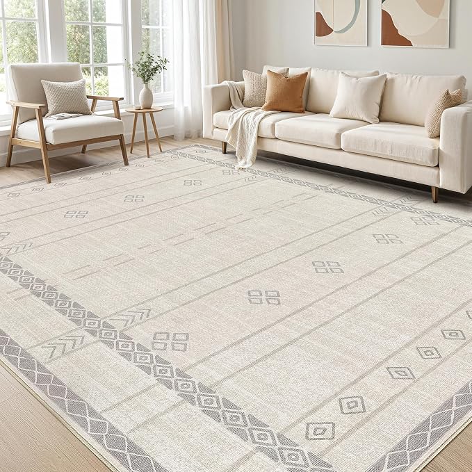 cotiled 5x7 Area Rugs Living Room Rug: Washable Boho Rugs with Non Slip Backing Large Soft Indoor Stain Resistant Carpet for Bedroom Farmhouse Dining Room Lightweight Home Decor Grey Beige