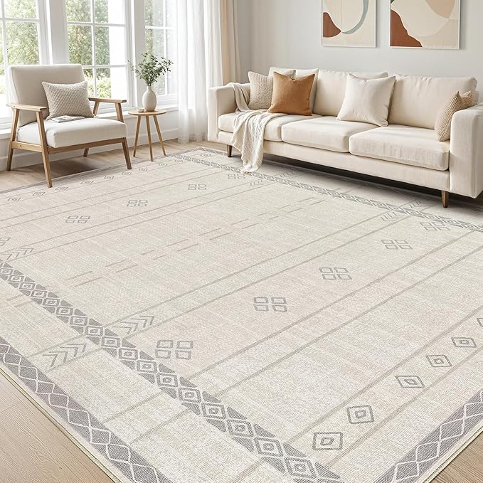 cotiled 6x9 Area Rugs Living Room Rug: Washable Boho Rugs with Non Slip Backing Large Soft Indoor Stain Resistant Carpet for Bedroom Farmhouse Dining Room Lightweight Home Decor Grey Beige
