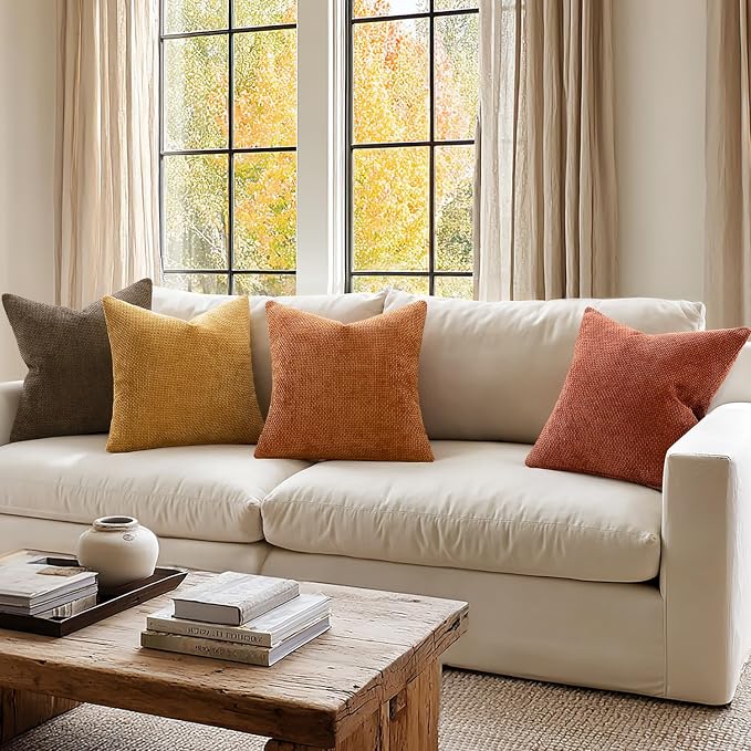 MIULEE Pack of 4 Orange/Yellow Couch Throw Pillow Covers 18x18 Inch Halloween Soft Decorative Chenille Pillows Farmhouse Accent Cushions for Boho Fall Home Decor Sofa Bedroom Living Room