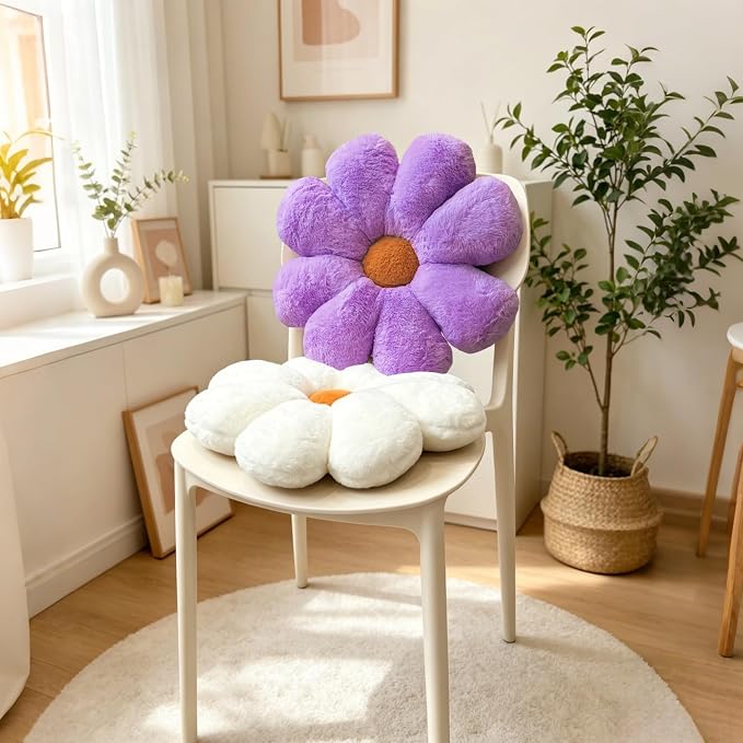 2pcs Flower Throw Pillows Set, Cute Purple White Room Decor Aesthetic Daisy Shaped Pillow for Girls Bedroom Bed Sofa Couch Chair Decor (Purple & White)