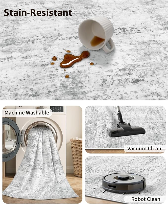 Art&Tuft Washable Rug, Anti-Slip Backing Abstract Area Rugs, Stain Resistant Rugs for Living Room, Foldable Machine Washable Area Rug(6'x9', 01-Grey)