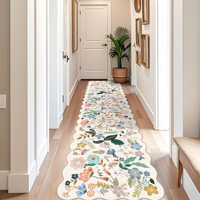 Washable 3x12 Hallway Runner Rug: Soft Floral Scalloped Runners for Entryway Kitchen Nursery Non Slip Bathroom Laundry Floor Mat Water Resistant Light Weight Carpet for Living Room Bedroom(3x12,Cream)
