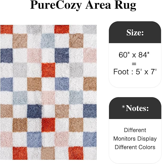 PureCozy Checkered Rug 5x7 for Living Room, Modern Rainbow Shag Rug Super Soft Washable Indoor Fuzzy Carpet Non-Slip Fluffy Rugs for Bedroom Home Aesthetic Decor