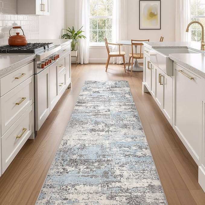 Hallway Washable Runner Rug: 3x8 Abstract Modern Soft Stain Resistant Non-Slip Backing Runner for for Entryway Kitchen Laundry - Blue Grey
