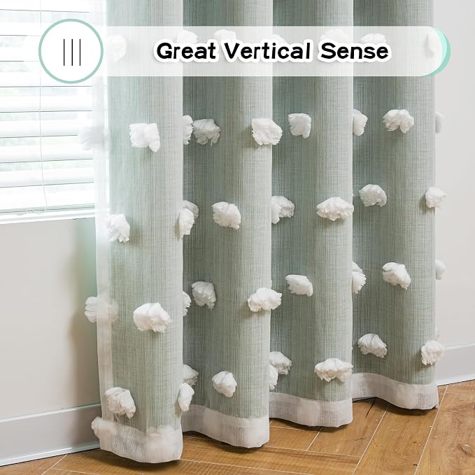 MYSKY HOME Room Darkening Curtains White Sheer Pom Pom Curtains for Living Room Aqua Blackout Curtains for Sliding Door Decor Drapes Double Layer Window Panels Boys Bedroom Grommet Set of 2 W52 X L95