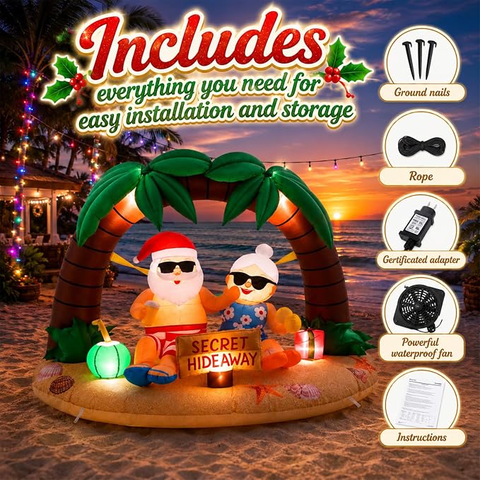 Leyndo Christmas in July Inflatable, 7 ft Christmas Inflatables Santa and Mrs. Claus Secret Ornament Built-in LED Xmas Blow up Yard Decorations for Island Holiday Beach Party Supplies