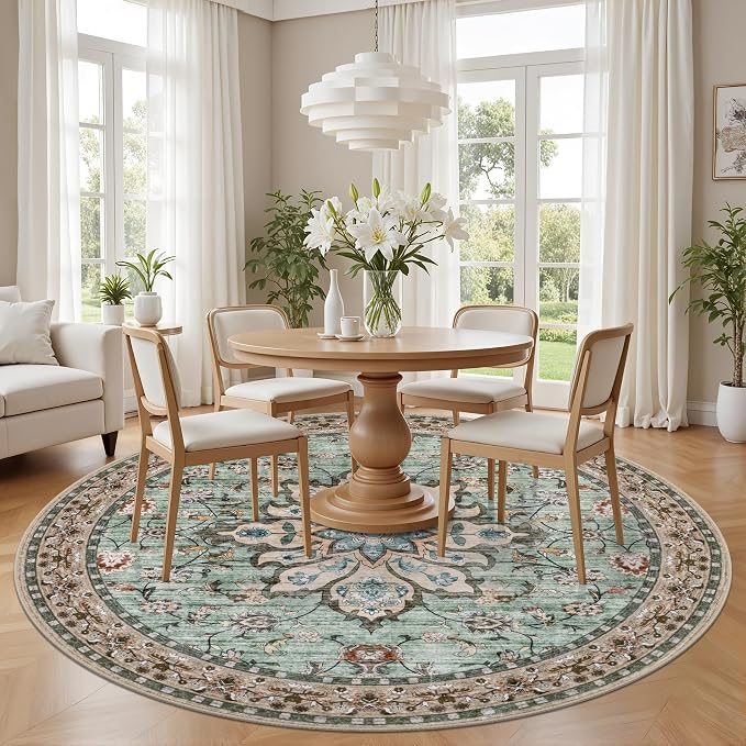 Round Area Rug for Living Room: 6ft Washable Vintage Boho Soft Thin Circle Rug Indoor Floor No Slip Stain Resistant Carpet for Bedroom Dining Room Farmhouse Nursery Home Office - Brown Green