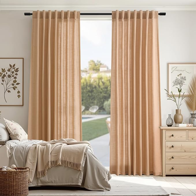 Aersas 102 Inches Camel Linen Curtains for Living Room Bedroom Semi Sheer Privacy Cotton Textured Drapes Light Filtering Sliding Glass Door Curtain Farmhouse Rustic Decorations 52x102