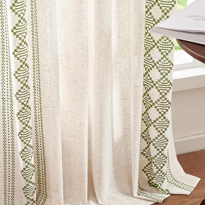 jinchan Boho Curtains Linen Blend Beige Farmhouse Curtains 96 Inches Long for Living Room Sage Green Square Embroidered Bordered Back Tab Bedroom Window Light Filtering Bohemian Drapes 2 Panels