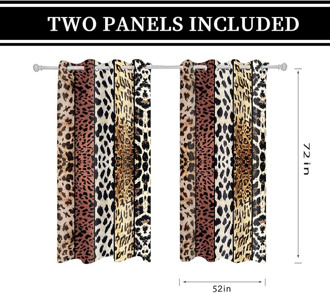 Wild Animal Print Curtain, Room Darkening Thermal Insulated Blackout Leopard Boa Window Drapes with Grommets for Living, Dining, Bedroom, Brown Leopard Print, 52"x 72", 2 Panels