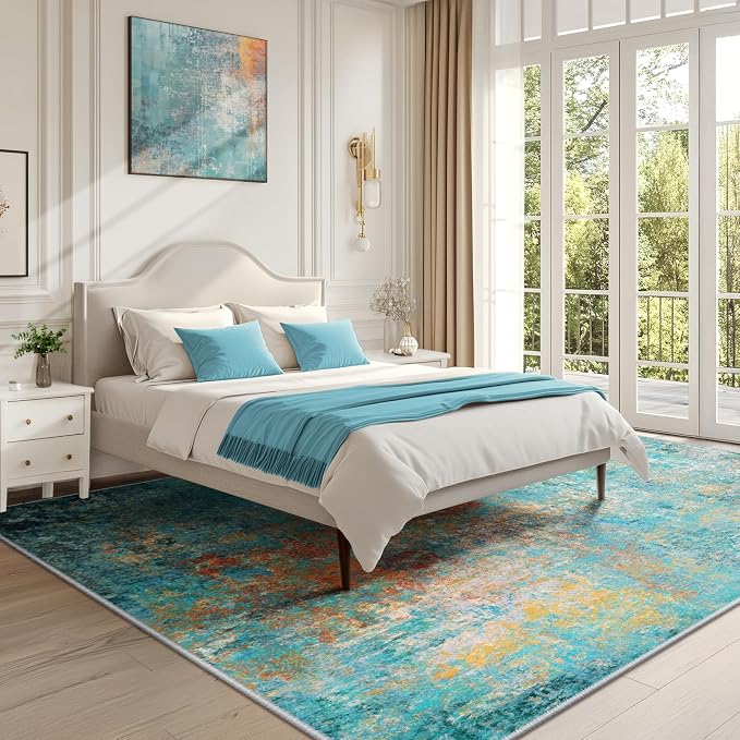 RELEANY Washable Area Rugs 7'x9' Non-Slip Modern Abstract Soft for Living Room Entryway Bedroom Kitchen, Print Pattern, Teal Blue Green Orange Rust Red Coloreful