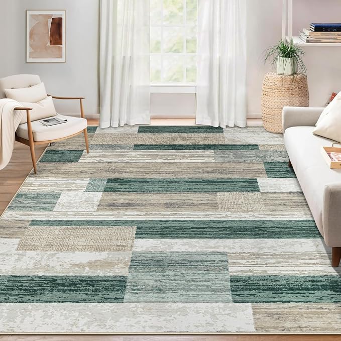 Area Rug for Living Room 6x9: Large Washable Boho Moroccan Rugs Geometric Neutral Rug, Non-Slip Foldable Morden Farmhouse Indoor Floor Carpet for Bedroom Dining Table Home (Green,6'x9')