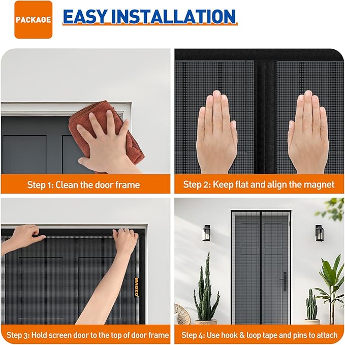 MAGZO Magnetic Screen Door with Full Strip Magnets, Fit Door Size 32 x 80 Inch, Screen Size 34" x 81" Magnets Net with Full Frame Hook & Loop for Patio Entrance, Black