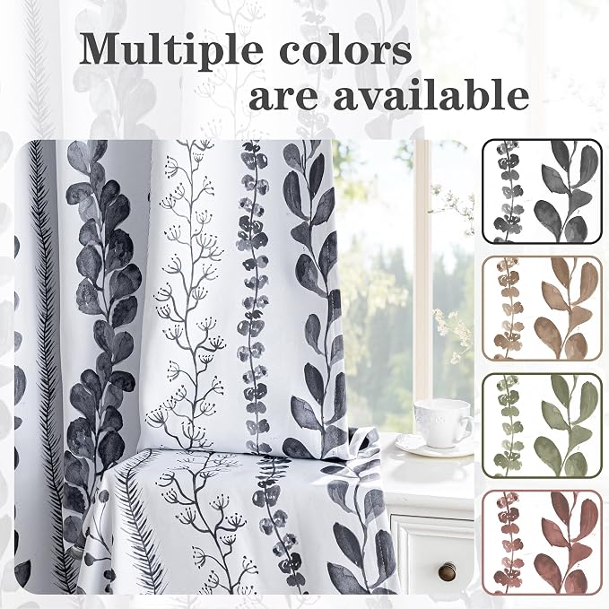 MEETSKY Boho Blackout Leaves Patterned Curtains 72 Inch Long 2 Panels Set for Bedroom, Room Darkening Dark Grey Drapes for Living Room, Thermal Insulated Rod Pocket Back Tab Window Treatment, 50"Wide