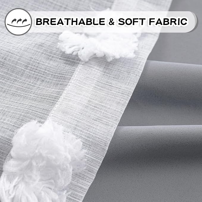 MYSKY HOME Grey Blackout Curtains for Kids Room Boys Bedroom 84 Inch Long Double Layer Curtain with White Pom Pom Sheer for Dining Room Back Tab Room Darkening Window Drapes 2 Panels, 52 x 84 in