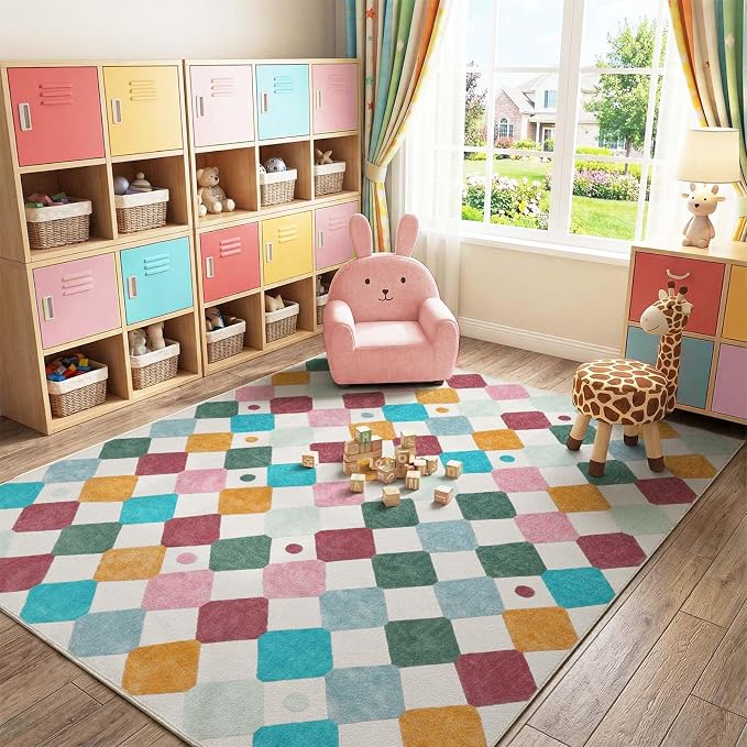 jinchan Macy 7x9 Kids Area Rug for Classroom Modern Colorful Nursery Rug Checkered Diamond Play Mat Washable Soft Non Slip Carpet for Playroom Living Room Bedroom Daycare Confetti on Cream