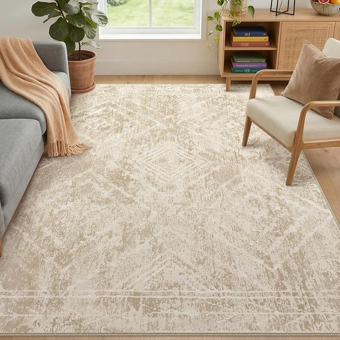 BESTSWEETIE Area Rug 5x7 Rug Machine Washable Non-Slip Low Pile Print Pattern Western Rug for Living Room Bedroom Entryway Tribal Series-Beige/Lightbrown