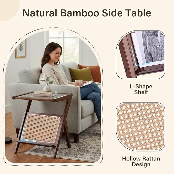 Tiita Rattan Nightstand Side Table, Bamboo Accent Bedside Tables, Glass Coffee Tables, Boho Wooden End Table with Storage for Small Space, Living Room and Bedroom