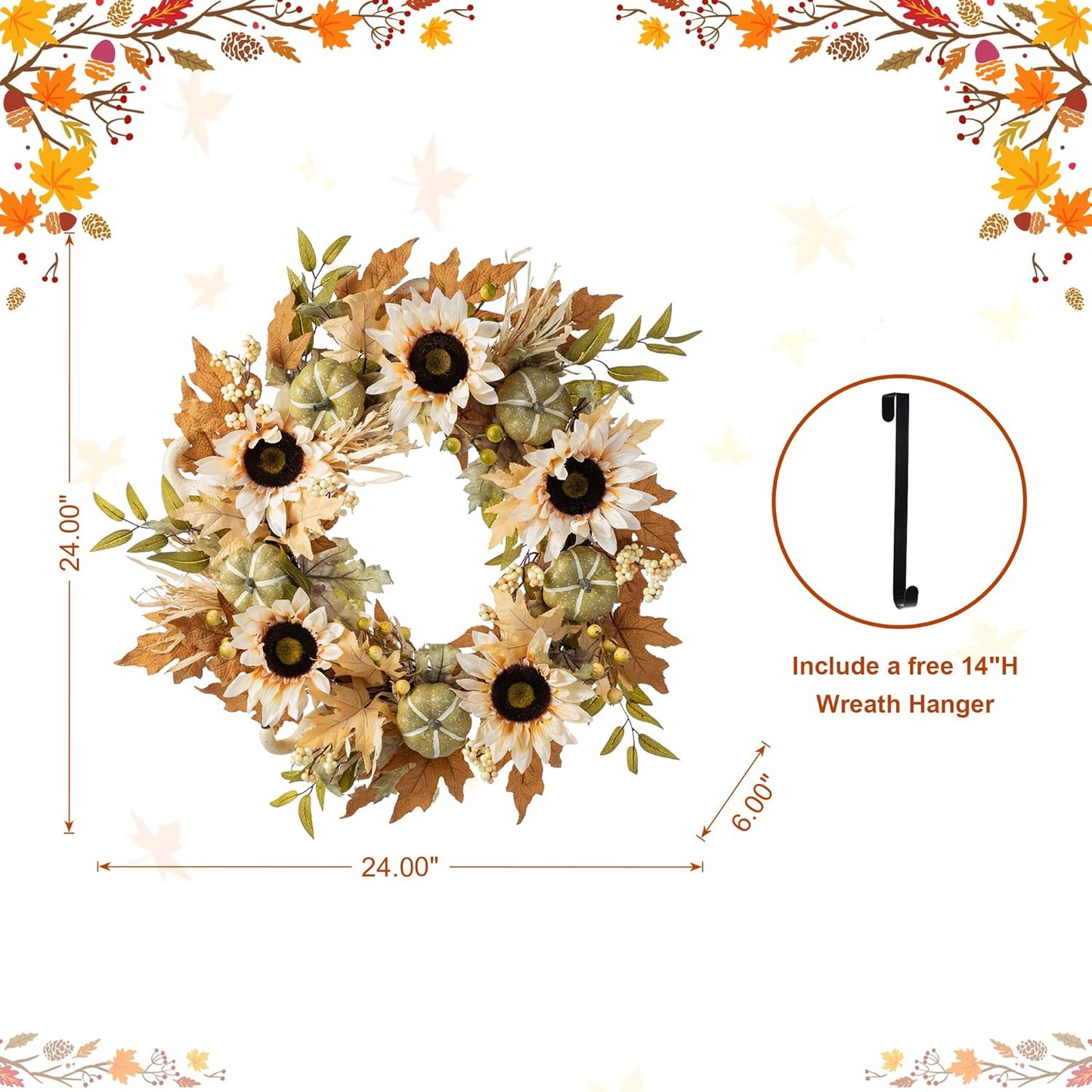 Glitzhome 24''D Artificial Fall Wreath for Front Door, Autumn Wreath with Sunflower, Pumpkin and Leaf, Metal Hanger for Farmhouse Indoor Outdoor Window Wall Door Decor