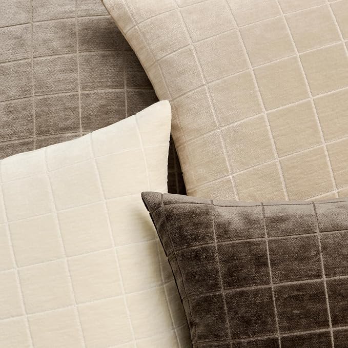 MIULEE Cream Plaid Decorative Throw Pillow Covers 18x18 Set of 2 | Vintage Check Chenille Couch Pillows Neutral Boho Farmhouse Cushion Covers Modern Home Decor for Sofa Bed Living Room