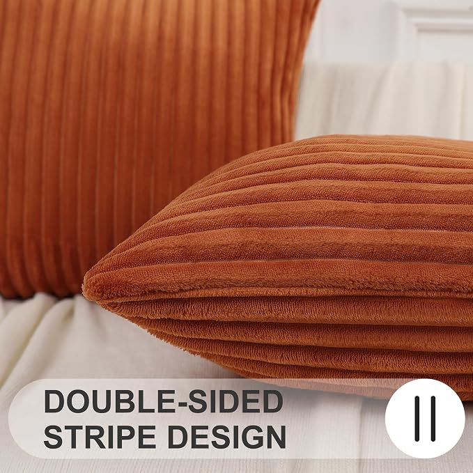 Simmore Decorative Fall Throw Pillow Covers 24x24 Set of 2, Soft Natural Plush Flannel Double-Sided Fluffy Couch Euro Sham Pillow Covers for Sofa Living Room, Rust