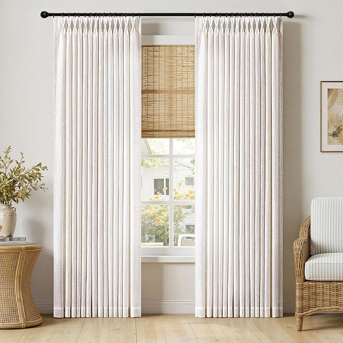 MIULEE Pinch Pleated Thick Linen Curtains 96 Inches Long 2 Panels for Living Room Bedroom, Memory Trained Pleat Drapes Light Filtering Natural Birch Semi Sheer Window Curtains Hooks Rings Back Tab
