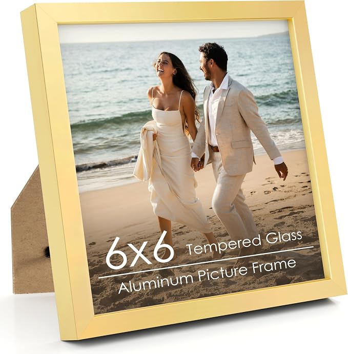 FLYJOE 6x6 Metal Picture Frame - Gold Aluminum Square Frames with Real Glass, Wall Mounting Horizontally or Vertically, Simple and Elegant Decor for Wall Gallery Poster Photo Frames, Gold