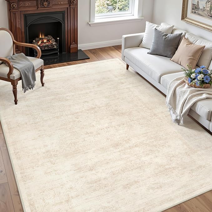 4x6 Area Rugs for Living Room: Vintage Boho Neutral Washable Rug Indoor Soft Large Area Rug Carpet for Bedroom Nursery Farmhouse Dining Room Office Floor Non-Slip Low Pile Under Table Rug Retro Beige