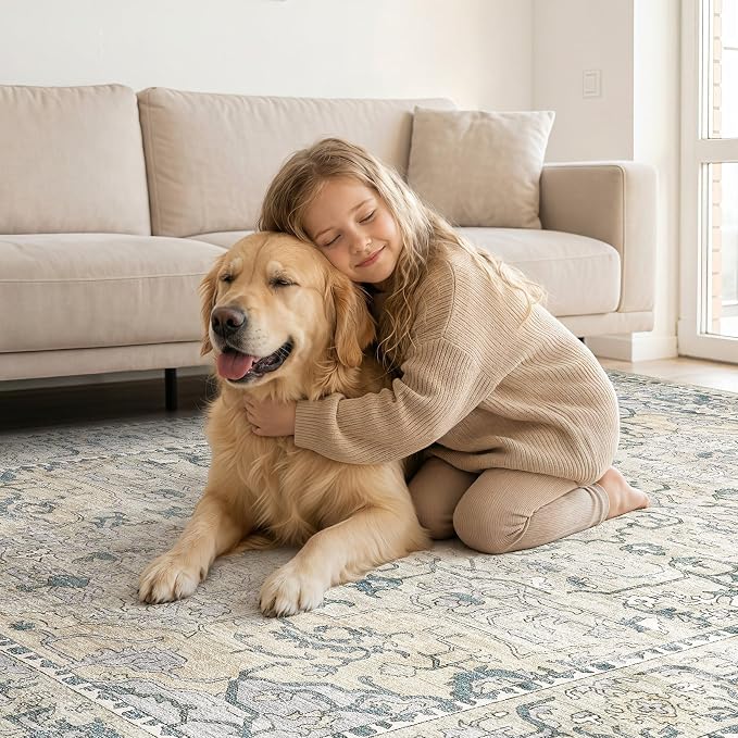 cotiled 8x10 Area Rug Machine Washable Vintage Carpet for Living Room Bedroom Soft Non-Slip Backing Floor Mat Kid & Pet Friendly Stain Resistant Green