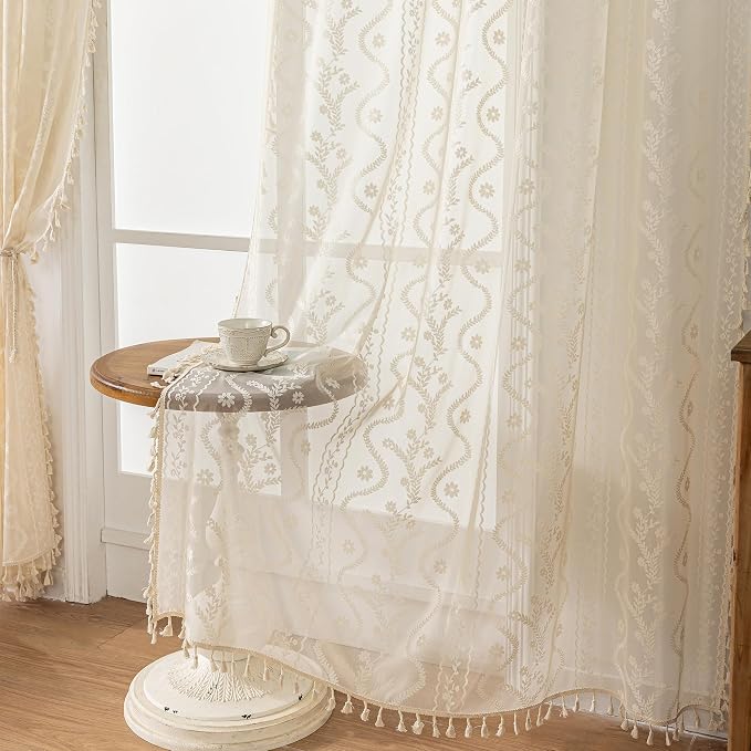 WAZZIO Boho Lace Curtains 2 Panels 72 Inches -Cute Vintage Victorian Sheer Panel Drape French Country Floral Pattern & Tassel Light Filtering Privacy for Bedroom Dining Living Room,Beige,W52x L72