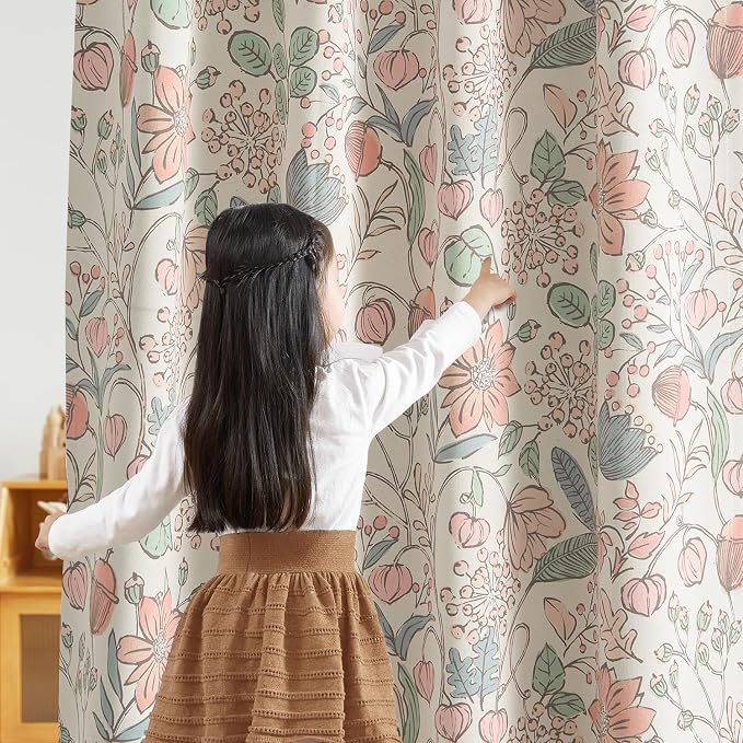 Vangao Pink Nursery Curtains for Girls Room Floral Blackout Curtains 96 Inch Length Farmhouse Drapes for Bedroom Room Darkening Window Flower Patterned Treatment for Kids Set of 2