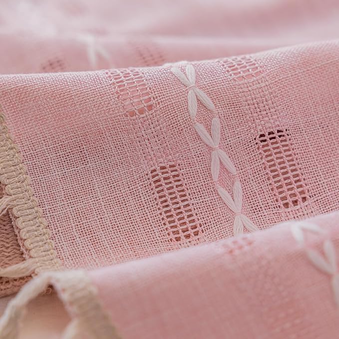 Deeprove Blush Pink Boho Curtain 84 inches Long for Living Room Bedroom, Vintage Bohemian Sheer Cotton Linen 84 inch Floor Length 7 FT Striped Embroidery Privacy Window Tassel W52 x L84, 1 Panel