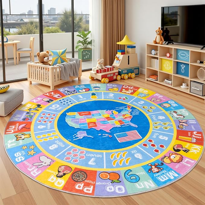 Kids Rugs for Playroom - Soft & Non-Slip 4x4 Feet Round Educational Rug for Learning ABC Alphabet, Numbers, Shapes & Map, Washable Classroom Rug for Bedroom Nursery & Kids Room Decor
